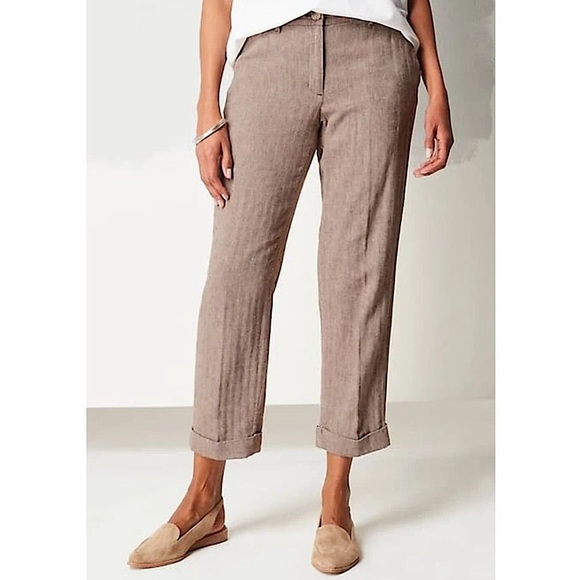 J. Jill Pants - J Jill Tapered Linen Blend Cuffed Ankle Pants Herringbone Coffee Brown 20